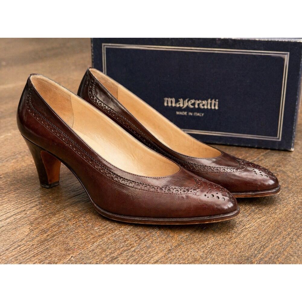 Vintage Italian Maserati Brown Classic Leather Brogue Heels Wingtip Pumps Sz 7 B